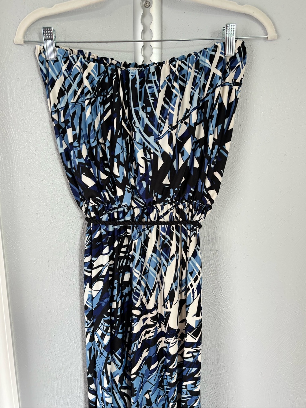 Strapless Blue, Black & White Abstract Print Jumpsuit
